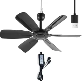 17.7" Inch Small Portable Ceiling Fan with Speed Timer switch, USB Plug In, 5V DC Powered, 6 Blades, Indoor/Outdoor RV Camping Tent Canopy, GazeboBeachHanging, Quiet,black