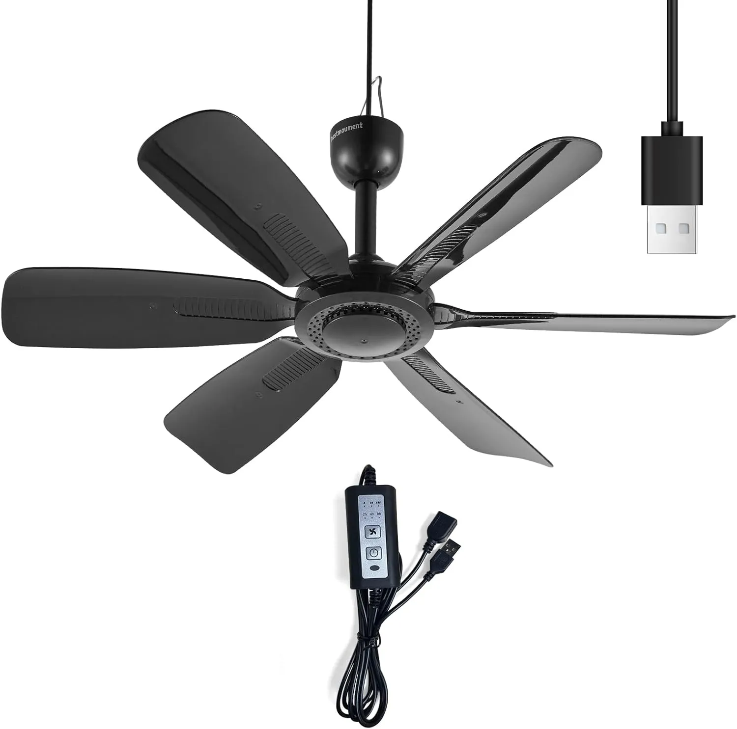 17.7" Inch Small Portable Ceiling Fan with Speed Timer switch, USB Plug In, 5V DC Powered, 6 Blades, Indoor/Outdoor RV Camping Tent Canopy, GazeboBeachHanging, Quiet,black
