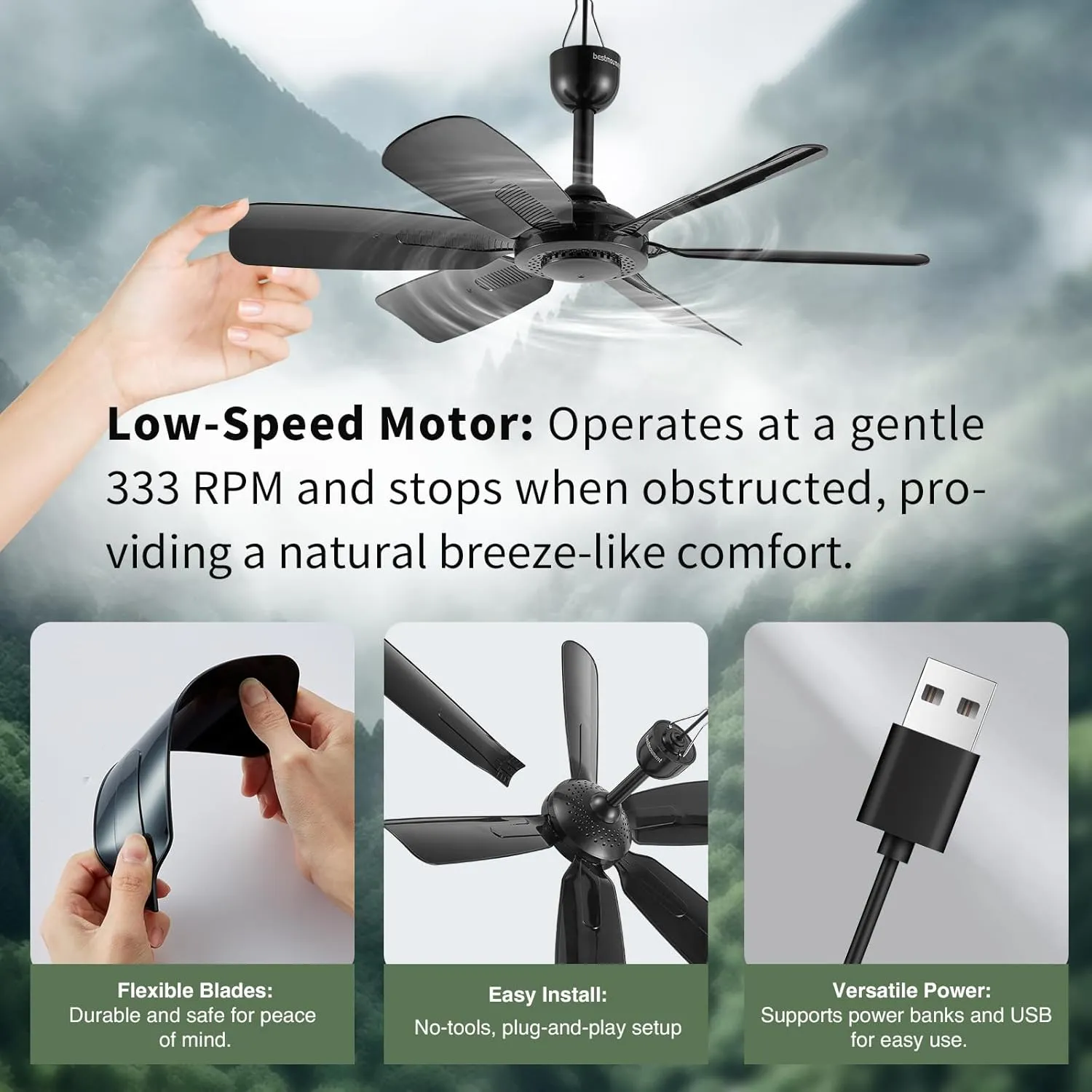 17.7" Inch Small Portable Ceiling Fan with Speed Timer switch, USB Plug In, 5V DC Powered, 6 Blades, Indoor/Outdoor RV Camping Tent Canopy, GazeboBeachHanging, Quiet,black