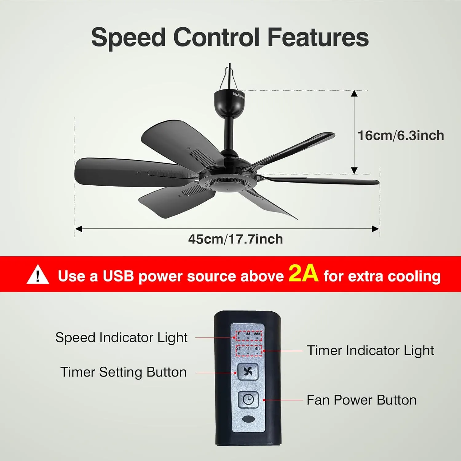 17.7" Inch Small Portable Ceiling Fan with Speed Timer switch, USB Plug In, 5V DC Powered, 6 Blades, Indoor/Outdoor RV Camping Tent Canopy, GazeboBeachHanging, Quiet,black