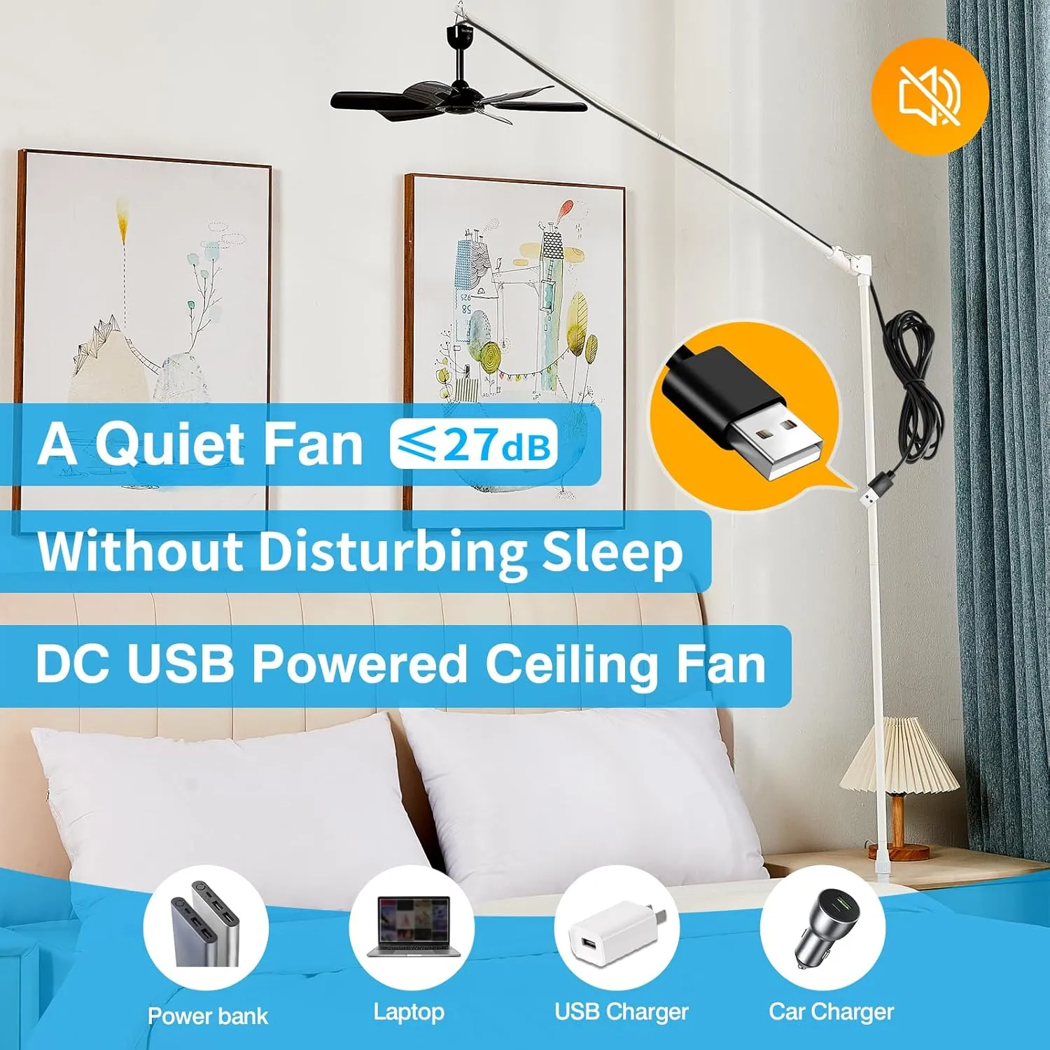 17.7" Inch Small Portable Ceiling Fan with Speed Timer switch, USB Plug In, 5V DC Powered, 6 Blades, Indoor/Outdoor RV Camping Tent Canopy, GazeboBeachHanging, Quiet,black