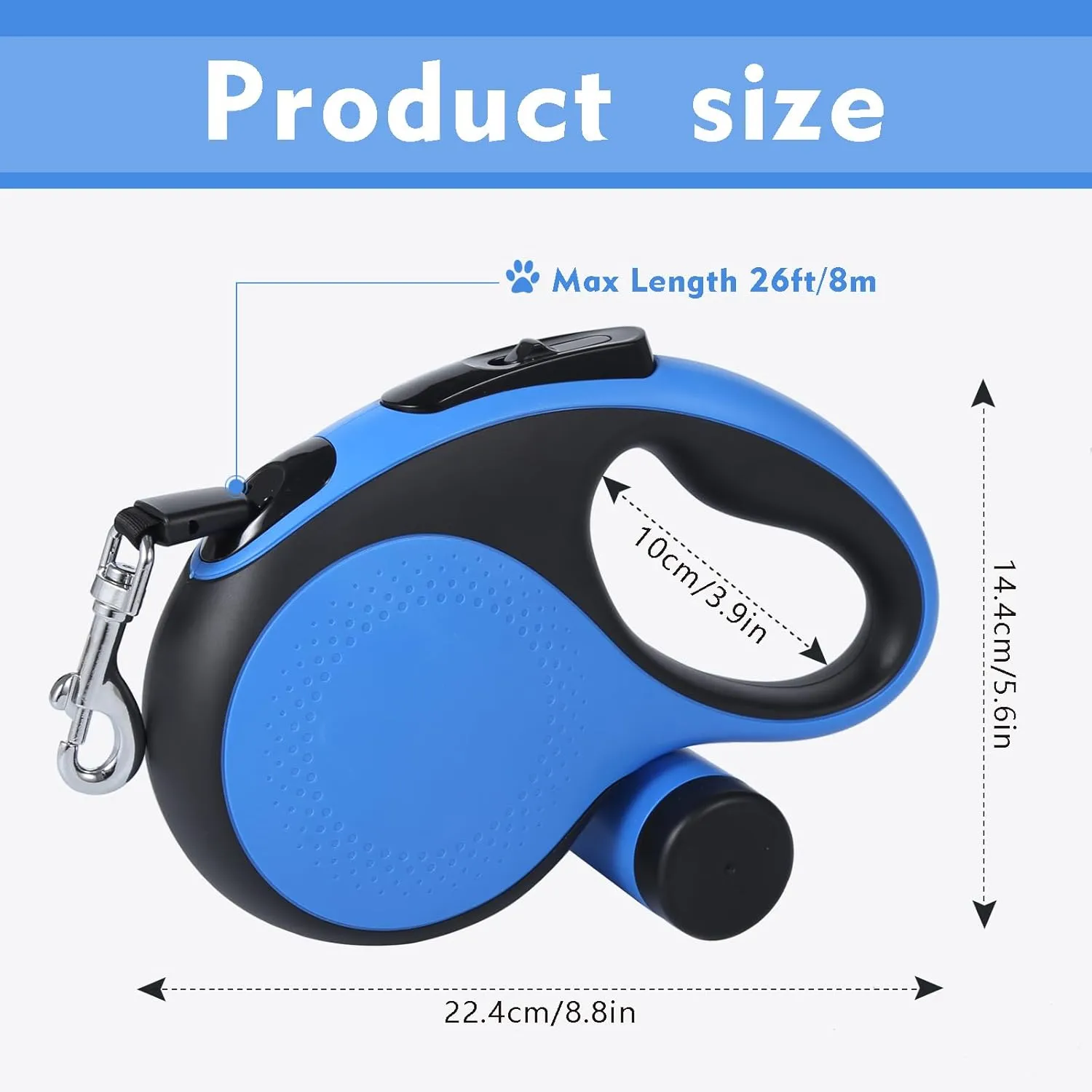 26Ft Retractable Dog Leash with Chew Proof Cable,Heavy Duty Dog Leash with Removable Poop Bags for Medium Large Dogs up to 110lbs,Strong Nylon Tape No Tangle,One-Handed Brake (Blue)