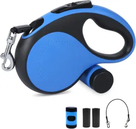 26Ft Retractable Dog Leash with Chew Proof Cable,Heavy Duty Dog Leash with Removable Poop Bags for Medium Large Dogs up to 110lbs,Strong Nylon Tape No Tangle,One-Handed Brake (Blue)
