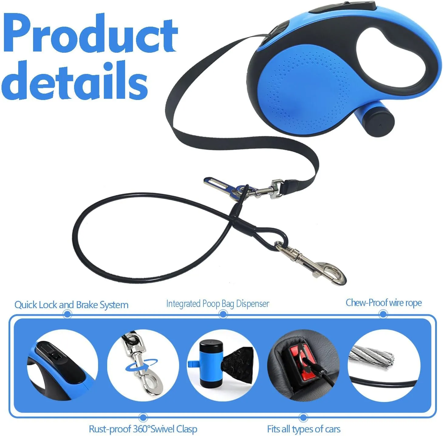 26Ft Retractable Dog Leash with Chew Proof Cable,Heavy Duty Dog Leash with Removable Poop Bags for Medium Large Dogs up to 110lbs,Strong Nylon Tape No Tangle,One-Handed Brake (Blue)
