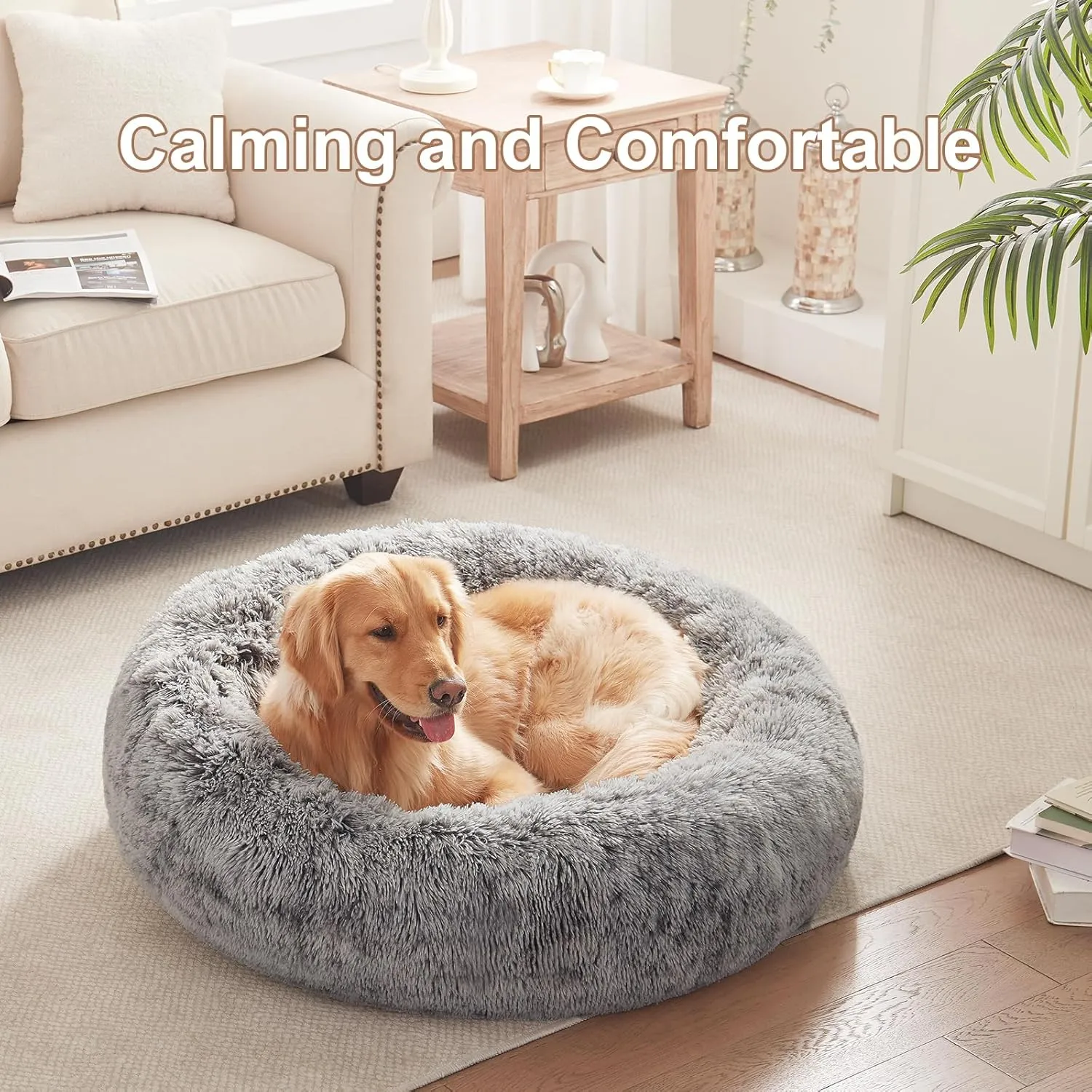 36 inches Donut Dog Bed for Large Dogs - Calming Fluffy Round Pet Bed with Removable & Washable Cover,Fits up to 100 lbs Pets (Dark Grey,Large)