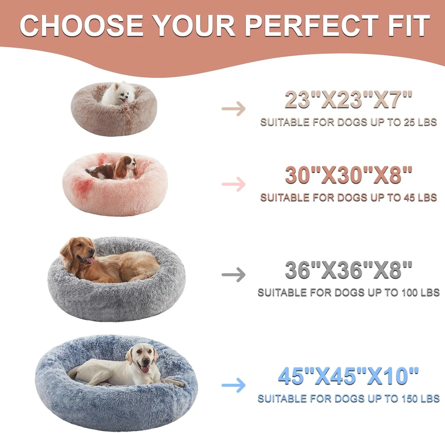 36 inches Donut Dog Bed for Large Dogs - Calming Fluffy Round Pet Bed with Removable & Washable Cover,Fits up to 100 lbs Pets (Dark Grey,Large)