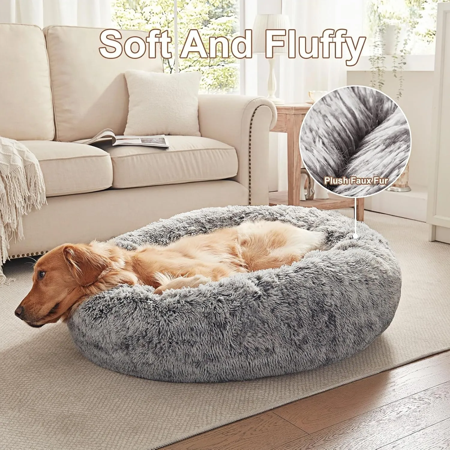 36 inches Donut Dog Bed for Large Dogs - Calming Fluffy Round Pet Bed with Removable & Washable Cover,Fits up to 100 lbs Pets (Dark Grey,Large)