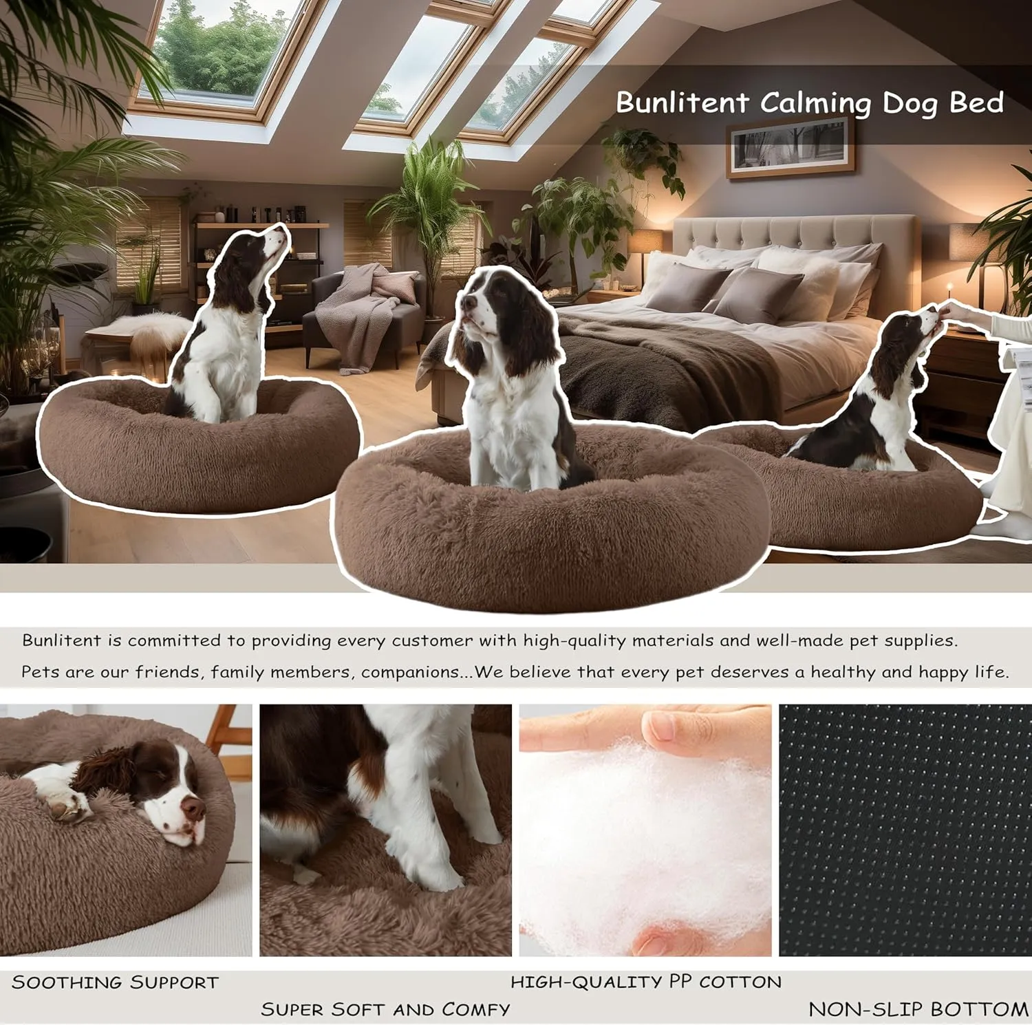 39'' inch Calming Dog Bed, Plush Anti-Anxiety Donut Dog Bed for Medium Large Dogs, Warming Cozy Soft Cute Round Washable, Marshmallow Cuddler Nest Pet Bed, Brown