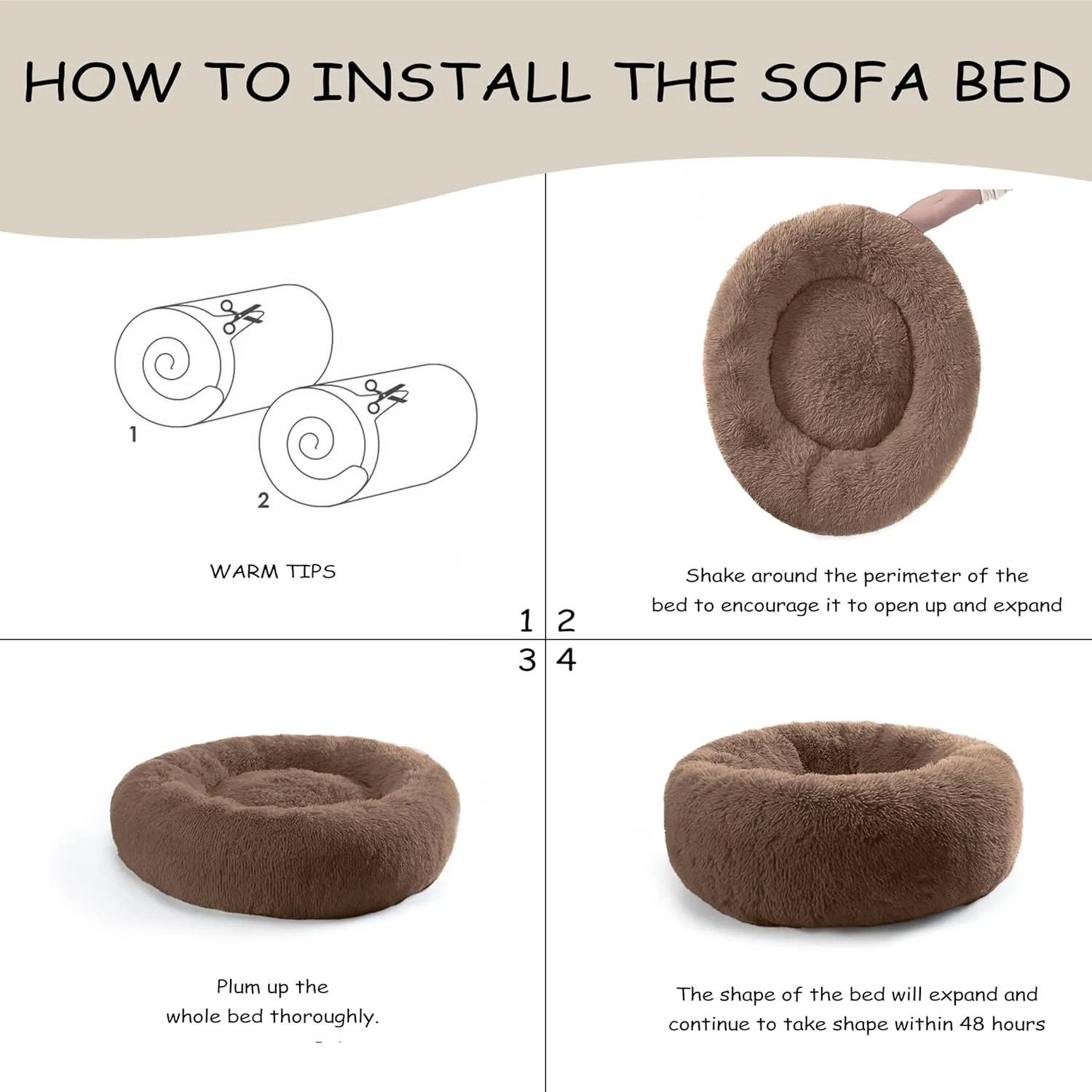 39'' inch Calming Dog Bed, Plush Anti-Anxiety Donut Dog Bed for Medium Large Dogs, Warming Cozy Soft Cute Round Washable, Marshmallow Cuddler Nest Pet Bed, Brown