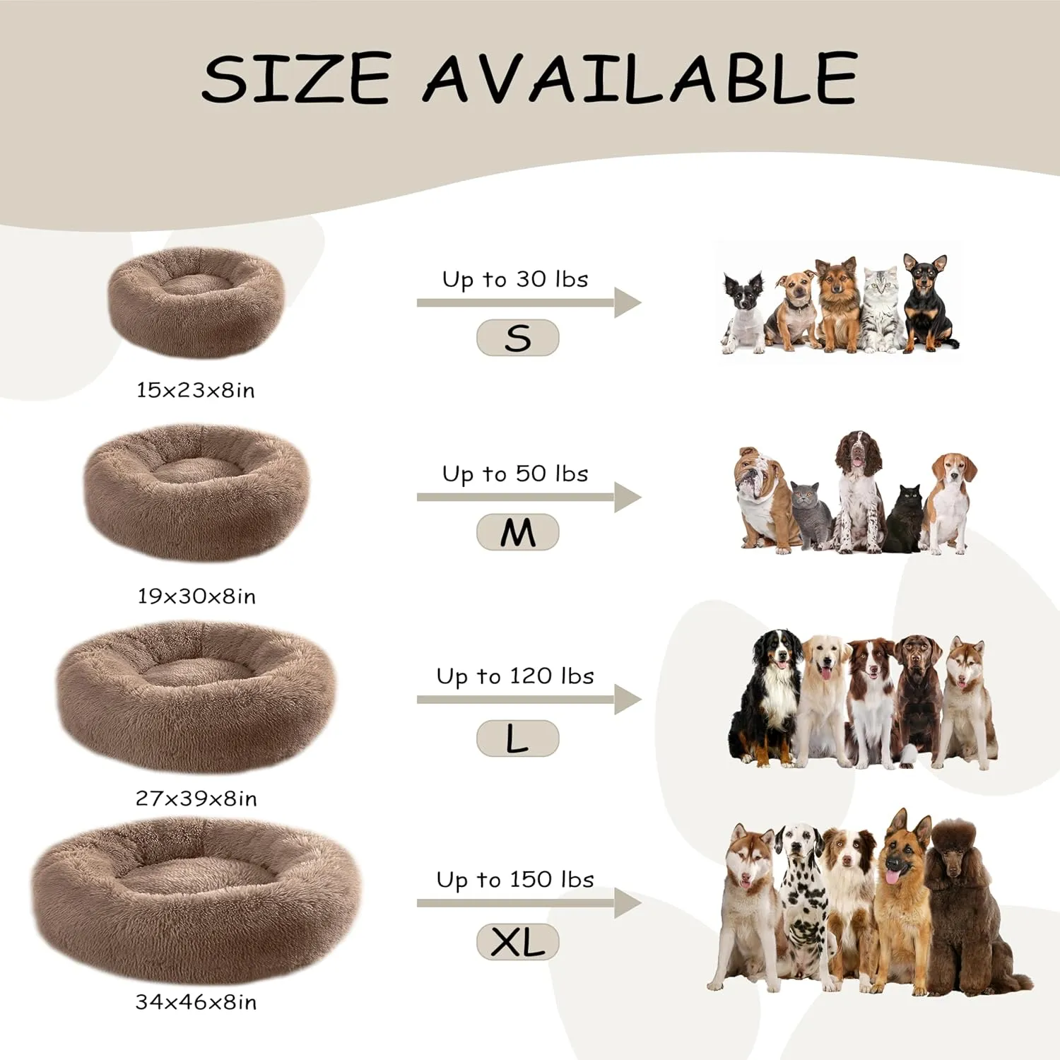 39'' inch Calming Dog Bed, Plush Anti-Anxiety Donut Dog Bed for Medium Large Dogs, Warming Cozy Soft Cute Round Washable, Marshmallow Cuddler Nest Pet Bed, Brown