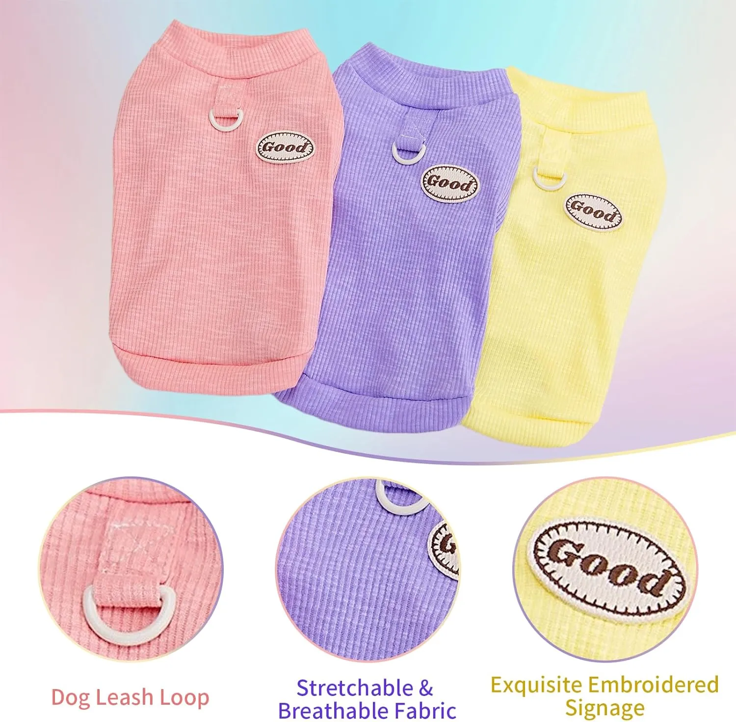 3Packs Dog Cotton T-Shirt Dog Summer Short Sleeves Puppy Shirts Breathable Pet Vest Clothes with D-Ring for Small Medium Large Dogs Cats Kittens (Yellow Purple Pink) XL