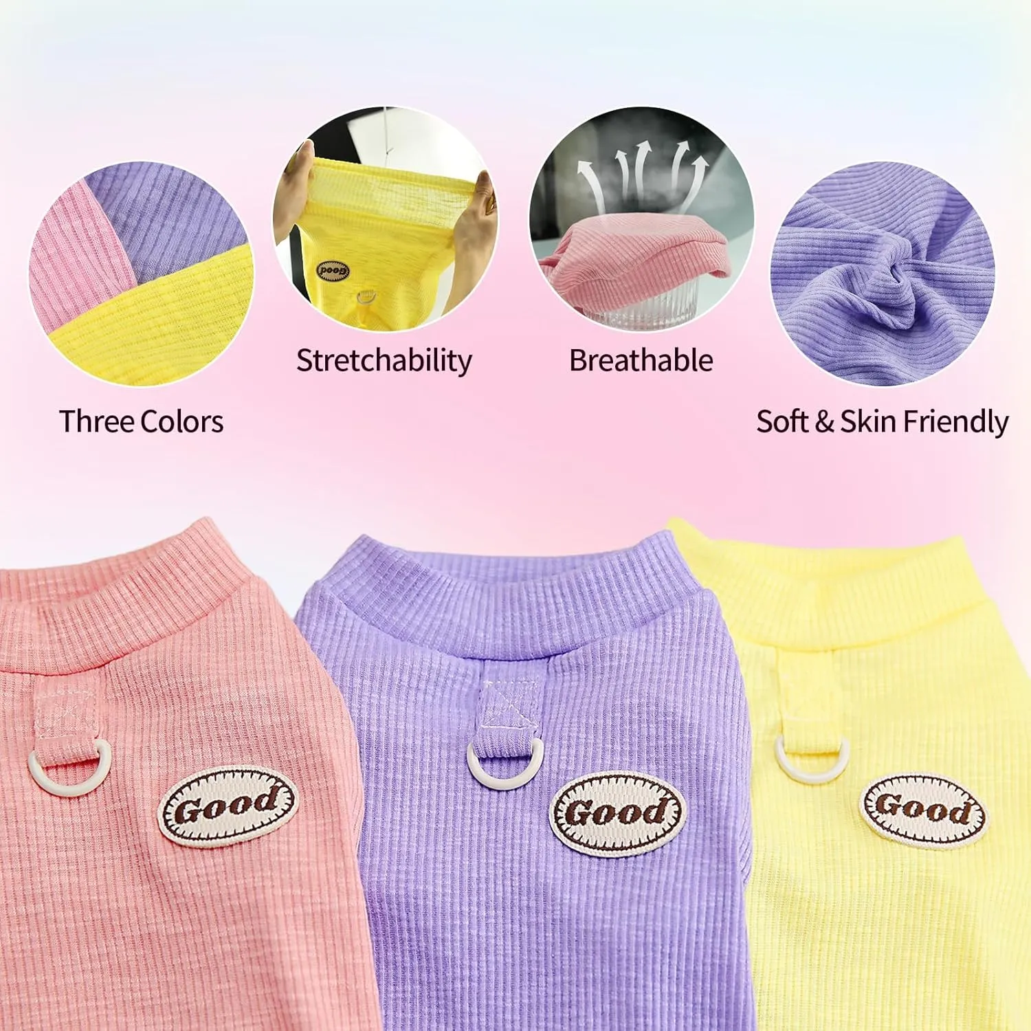 3Packs Dog Cotton T-Shirt Dog Summer Short Sleeves Puppy Shirts Breathable Pet Vest Clothes with D-Ring for Small Medium Large Dogs Cats Kittens (Yellow Purple Pink) XL
