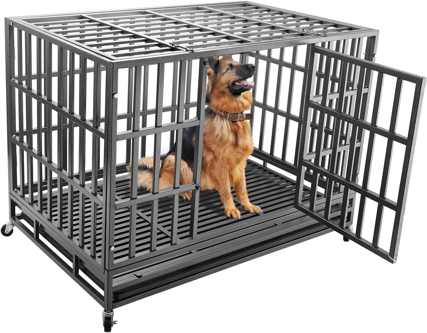 47 Inch Heavy Duty Dog Crate, Indestructible Dog Crate Cage Kennel with Wheels, Double Door, Removable Tray, for Medium to Large Dogs (47" L X 30" W X 35.5" H)