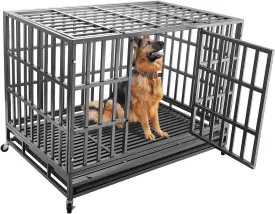 47 Inch Heavy Duty Dog Crate, Indestructible Dog Crate Cage Kennel with Wheels, Double Door, Removable Tray, for Medium to Large Dogs (47" L X 30" W X 35.5" H)