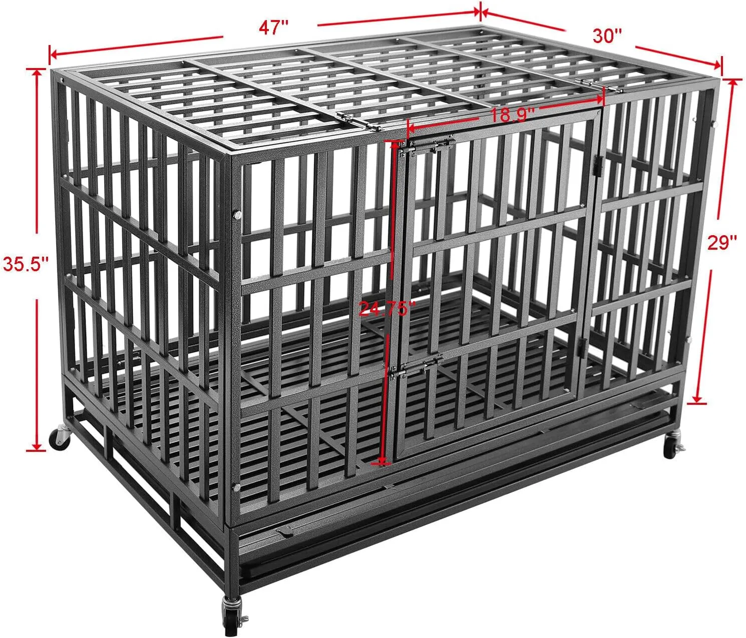 47 Inch Heavy Duty Dog Crate, Indestructible Dog Crate Cage Kennel with Wheels, Double Door, Removable Tray, for Medium to Large Dogs (47" L X 30" W X 35.5" H)