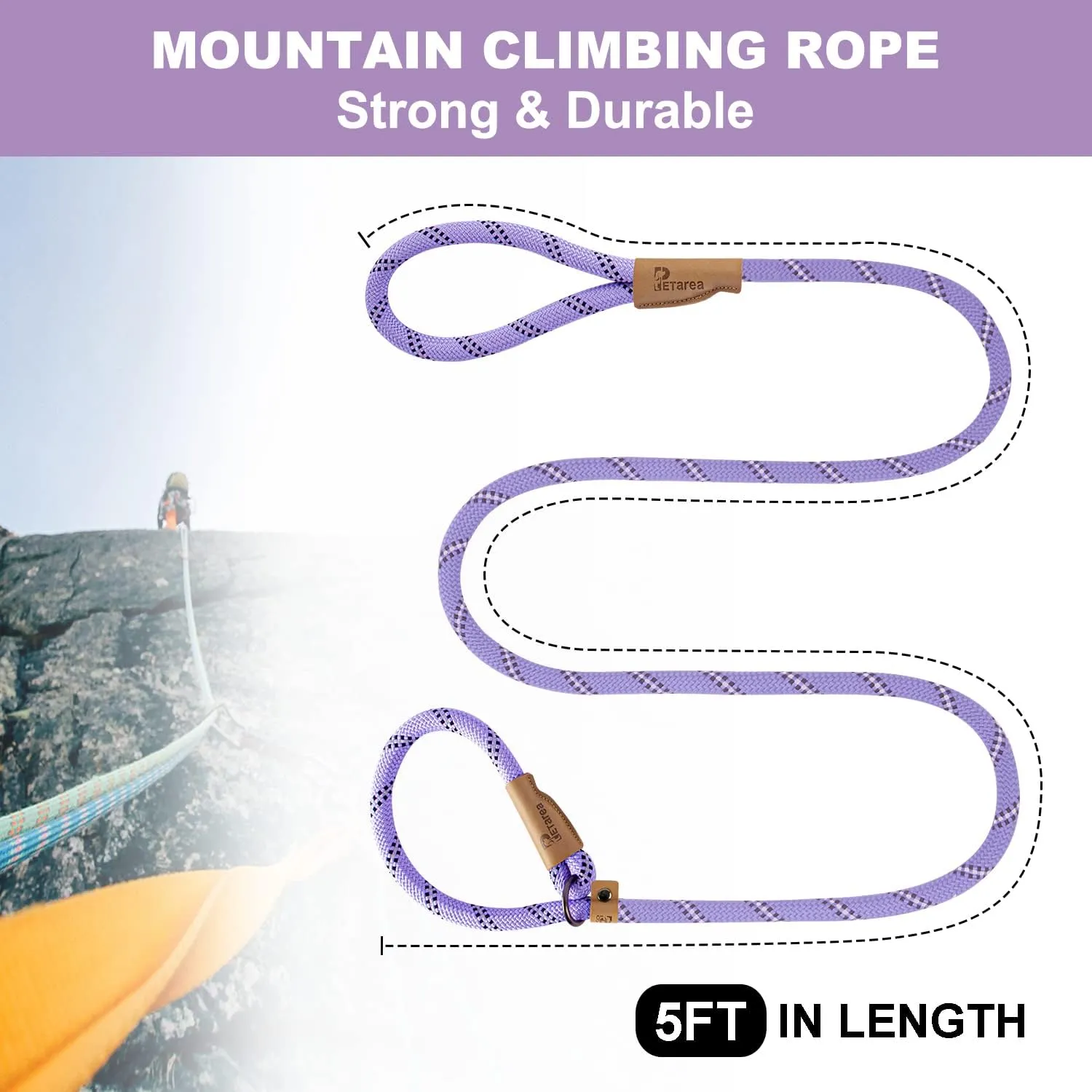5 FT Slip Lead Dog Leash, Heavy Duty Rope Leash for Small Medium Large Dogs, No Pull Training Lead with Reflective Thread, Strong Comfortable Loop Leash (Lavender Stripe, Large(1/2"))