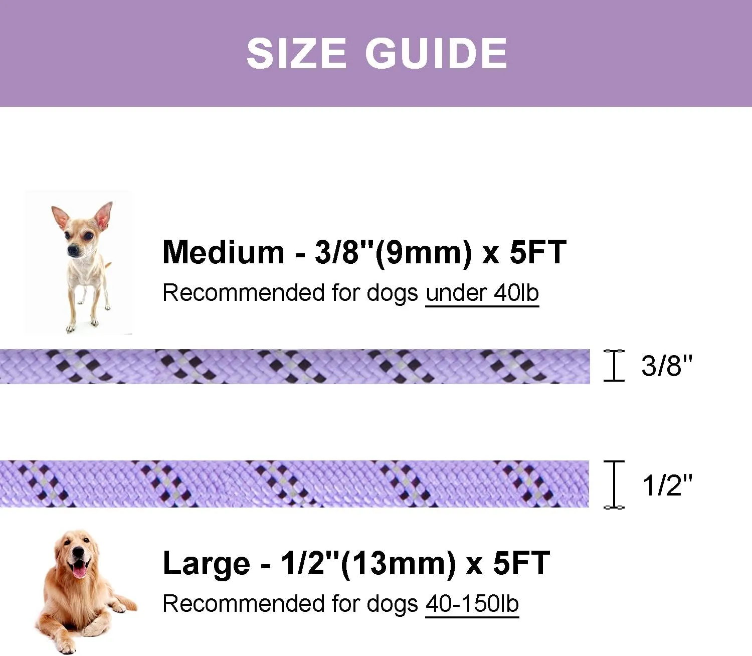 5 FT Slip Lead Dog Leash, Heavy Duty Rope Leash for Small Medium Large Dogs, No Pull Training Lead with Reflective Thread, Strong Comfortable Loop Leash (Lavender Stripe, Large(1/2"))