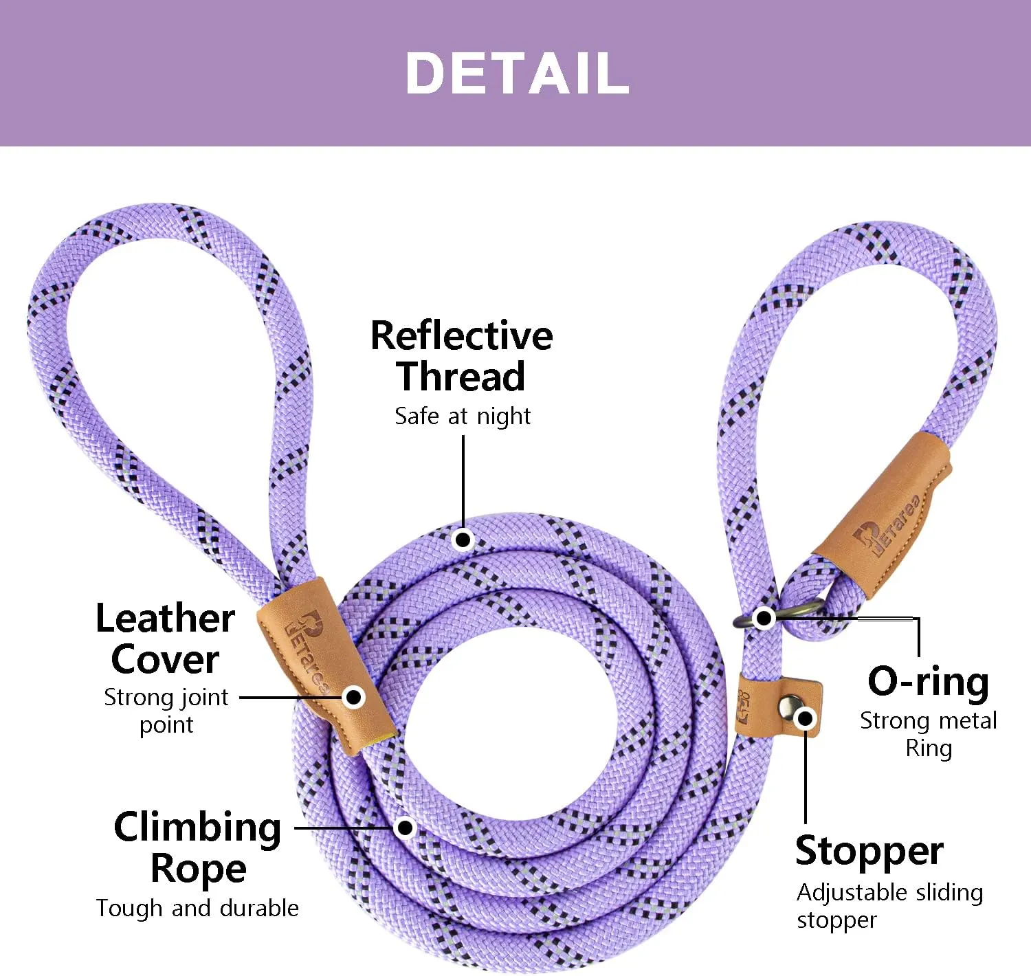 5 FT Slip Lead Dog Leash, Heavy Duty Rope Leash for Small Medium Large Dogs, No Pull Training Lead with Reflective Thread, Strong Comfortable Loop Leash (Lavender Stripe, Large(1/2"))