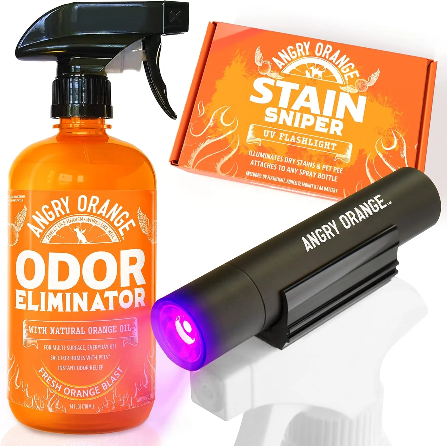 ANGRY ORANGE Pet Odor Eliminator Kit for Dog Urine - Citrus - 24 oz   UV Flashlight