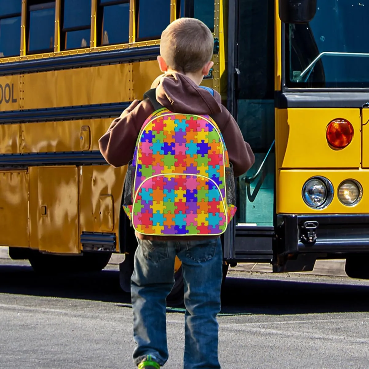 Autism Awareness Kids Backpack for Boys Girls, Jigsaws Toddler Backpack 14.2 In, Waterproof Casual Daypack Preschool Backpack Kindergarten School Mini Bookbag with Chest Strap