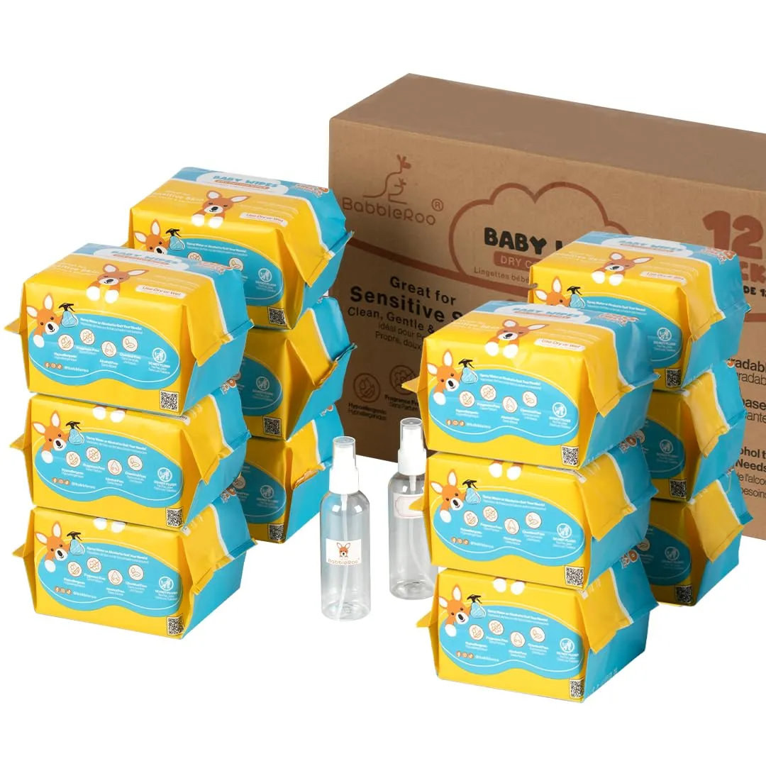 BabbleRoo Dry Wipes for Baby - 100% Plant-Based Cotton Wipes, Hypoallergenic, Fragrance-Free, Chemical-Free, Gentle for Sensitive Skin, Use Wet or Dry for Diaper Changes and Cleanups 1200 Wipes