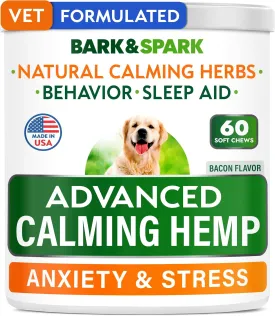 BARK&SPARK Advanced Calming Hemp Treats for Dogs - Hemp Oil   Melatonin - Anxiety Relief - Separation Aid - Stress Relief During Fireworks, Storms - Aggressive Behavior, Barking - 60Chews