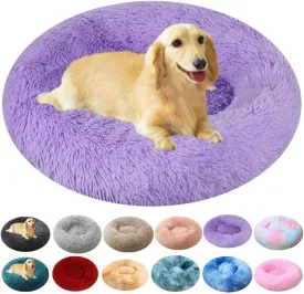 Calming Large Dog Bed & Cat Bed, 43 Inch Anti-Anxiety Donut Dog Cuddler Cat Bed, Warming Cozy Soft Dog Round Bed, Fluffy Faux Fur Machine Washable Pet Cushion for Medium Dogs & Cats (Purple)