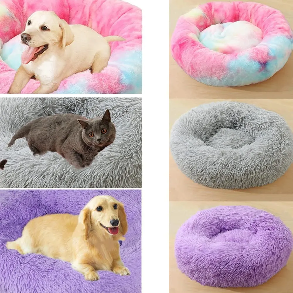 Calming Large Dog Bed & Cat Bed, 43 Inch Anti-Anxiety Donut Dog Cuddler Cat Bed, Warming Cozy Soft Dog Round Bed, Fluffy Faux Fur Machine Washable Pet Cushion for Medium Dogs & Cats (Purple)