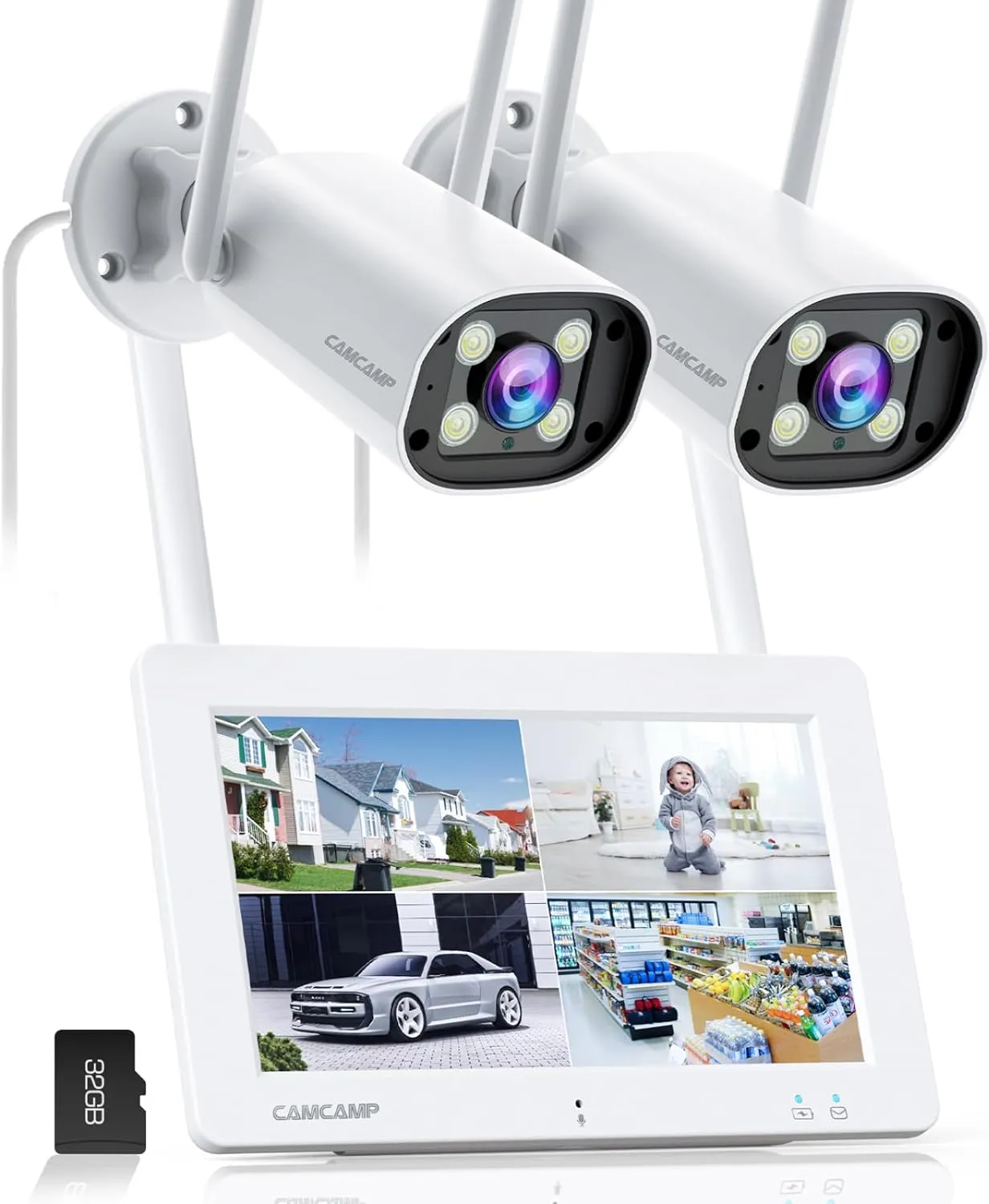 Camcamp Wireless Security Camera System with 7" Touchscreen Monitor & 2PCS 2K Wired Outdoor Security Camera, Plug-in Power, Color Night Vision, 2 Way Audio, Motion Detection, 32GB SD Card Included