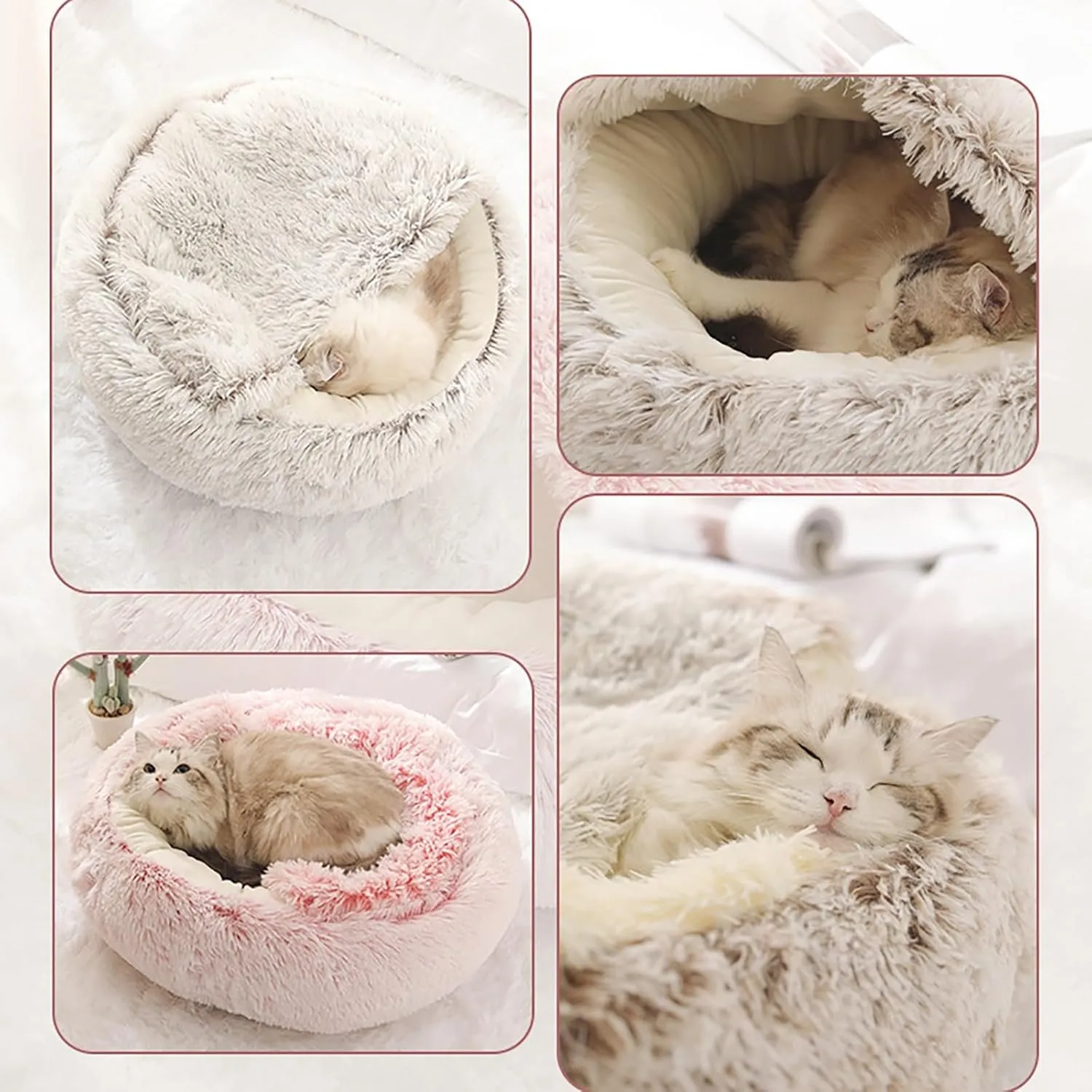 Cat Bed, Covered Cat Bed for Indoor Outdoor Cats Calming Down,Burrowing Cat Small Dog Bed with Large Hood for Anti Anxiety, Non-Slip Plush Faux Fur Nest with Ceiling Kitten Puppy