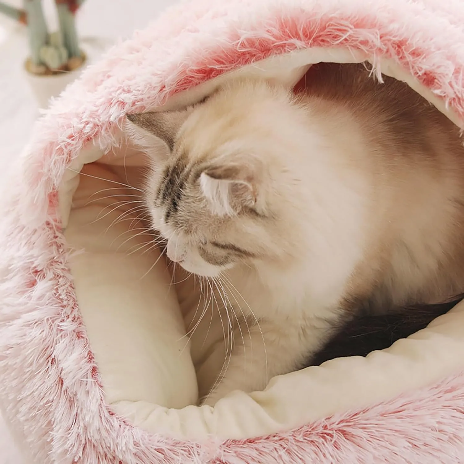 Cat Bed, Covered Cat Bed for Indoor Outdoor Cats Calming Down,Burrowing Cat Small Dog Bed with Large Hood for Anti Anxiety, Non-Slip Plush Faux Fur Nest with Ceiling Kitten Puppy