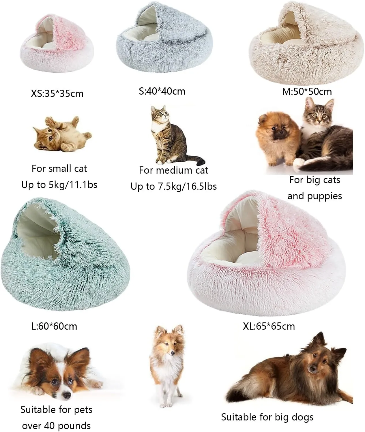 Cat Bed, Covered Cat Bed for Indoor Outdoor Cats Calming Down,Burrowing Cat Small Dog Bed with Large Hood for Anti Anxiety, Non-Slip Plush Faux Fur Nest with Ceiling Kitten Puppy