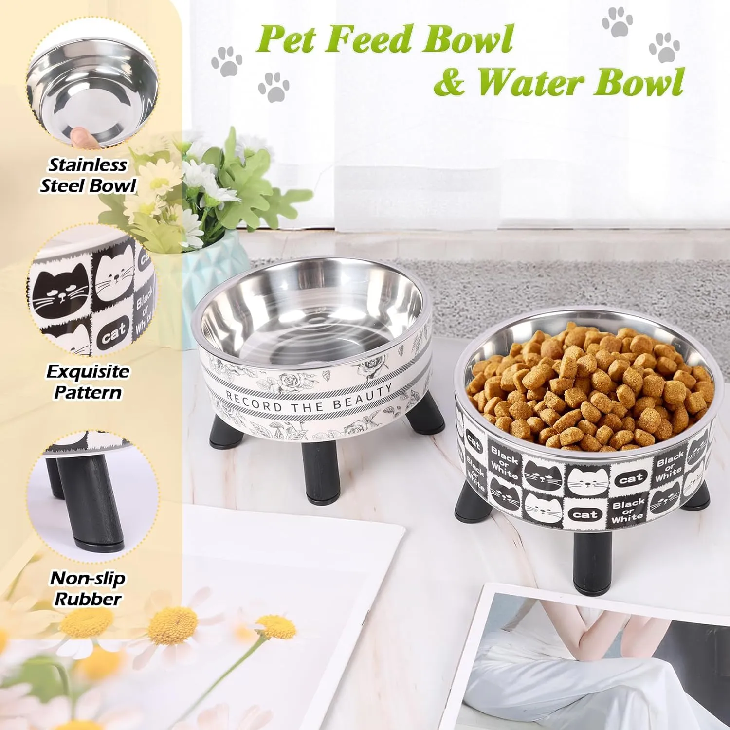 Cat Bowl, Raised Cat Bowls, Cat Food Bowl with Non Slip Rubber Base, Cat Water Bowl, Cat Bowls with Stand, Stainless Steel Cat Bowl, Pet Bowl, Cat Accessories (cat Pattern)