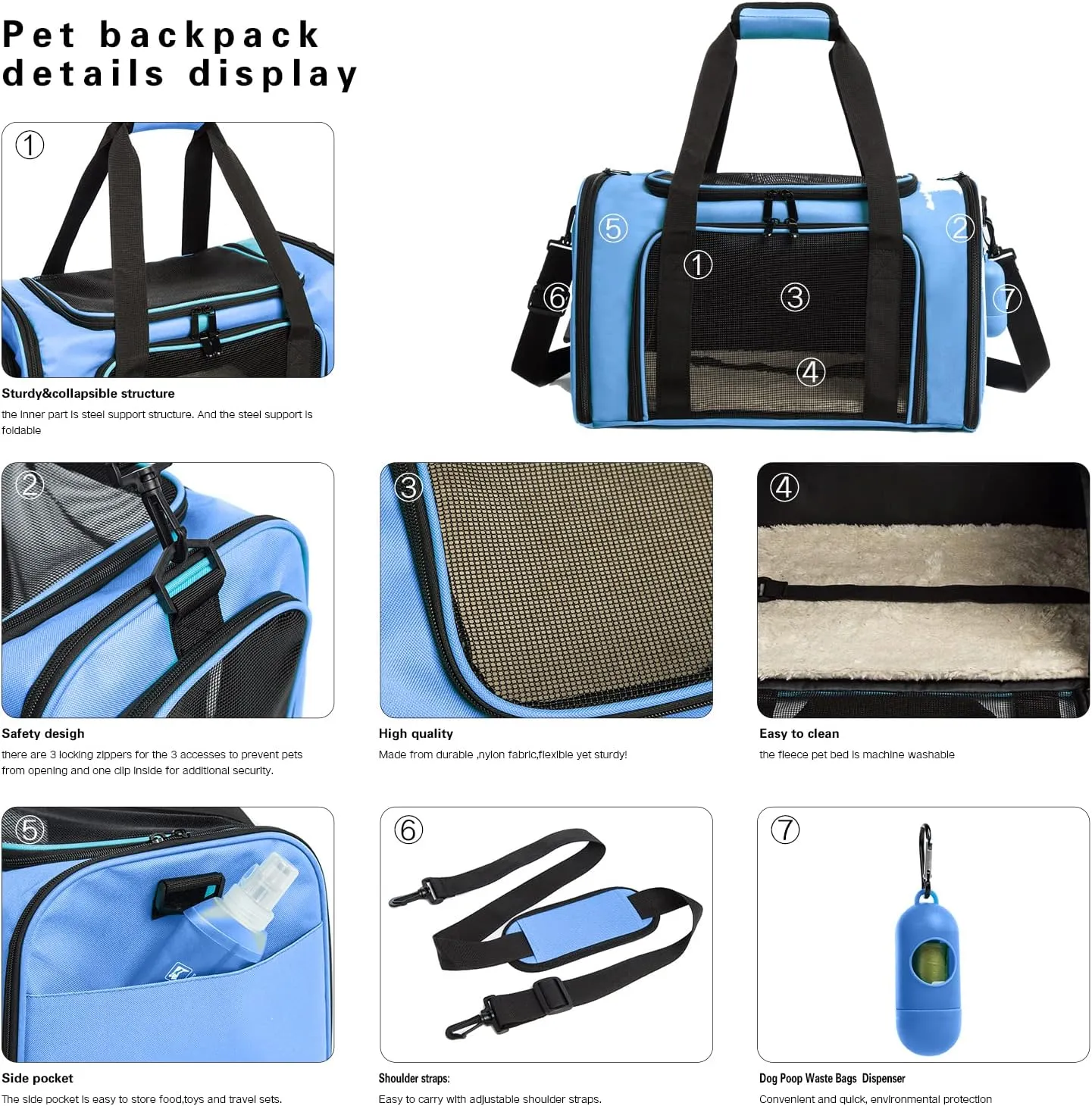 Cat Carrier Dog Carrier Pet Carrier Cat Bags for Small Medium Cats Dogs Puppies of 15 Lbs,of Airline Approved Small Dog Bag Soft Sided,Collapsible Travel Puppy Carrier (Medium, Blue)