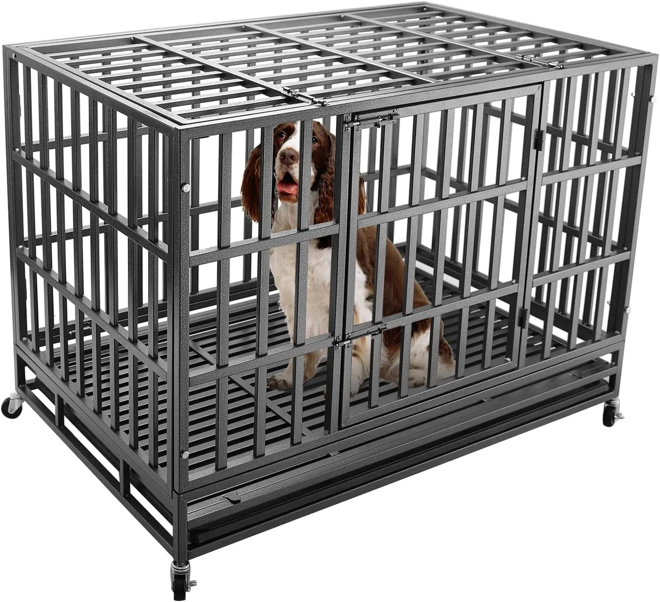 Confote 47Inch Heavy Duty Dog Kennel Strong Metal Dog Cage Pet Crate for Medium and Large Dogs with Four Lockable Wheels, Removeable Tray