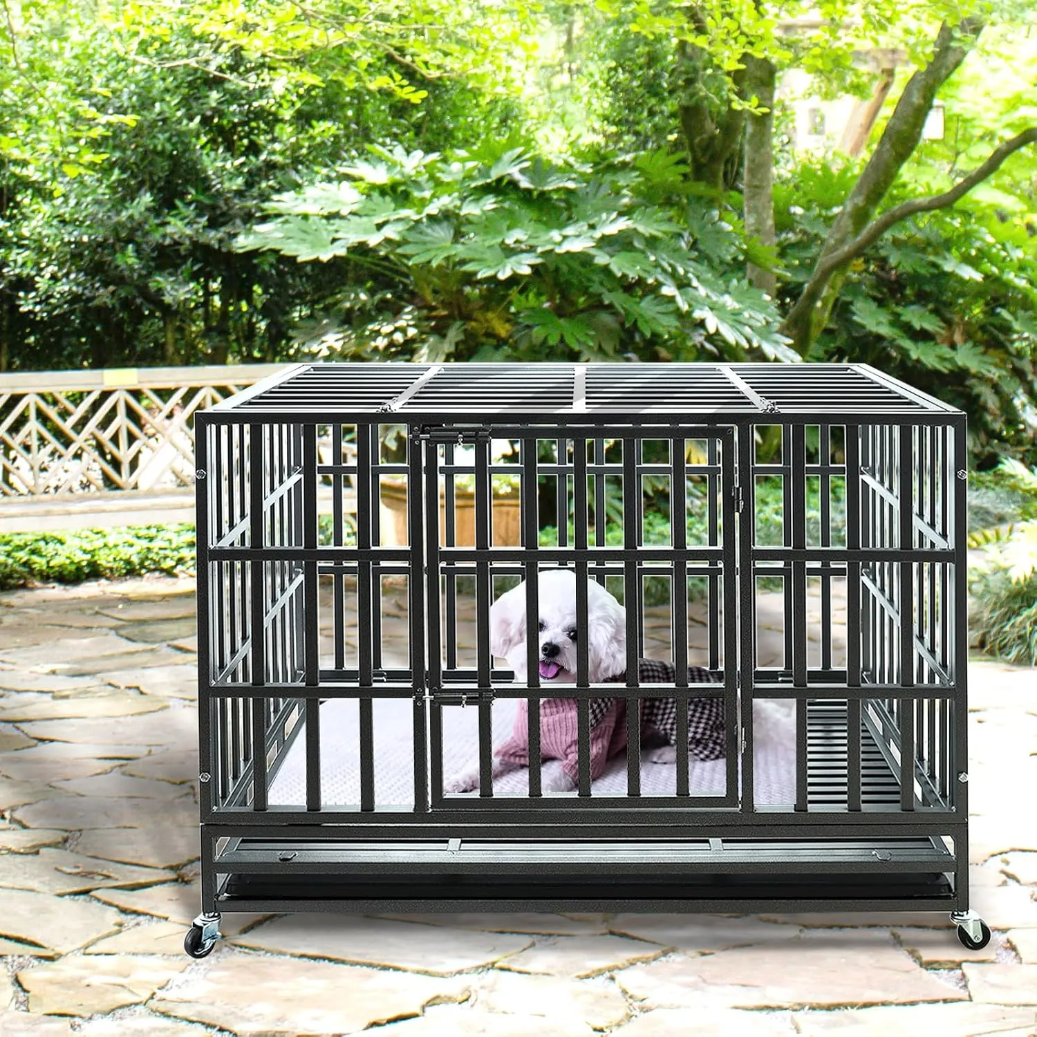 Confote 47Inch Heavy Duty Dog Kennel Strong Metal Dog Cage Pet Crate for Medium and Large Dogs with Four Lockable Wheels, Removeable Tray