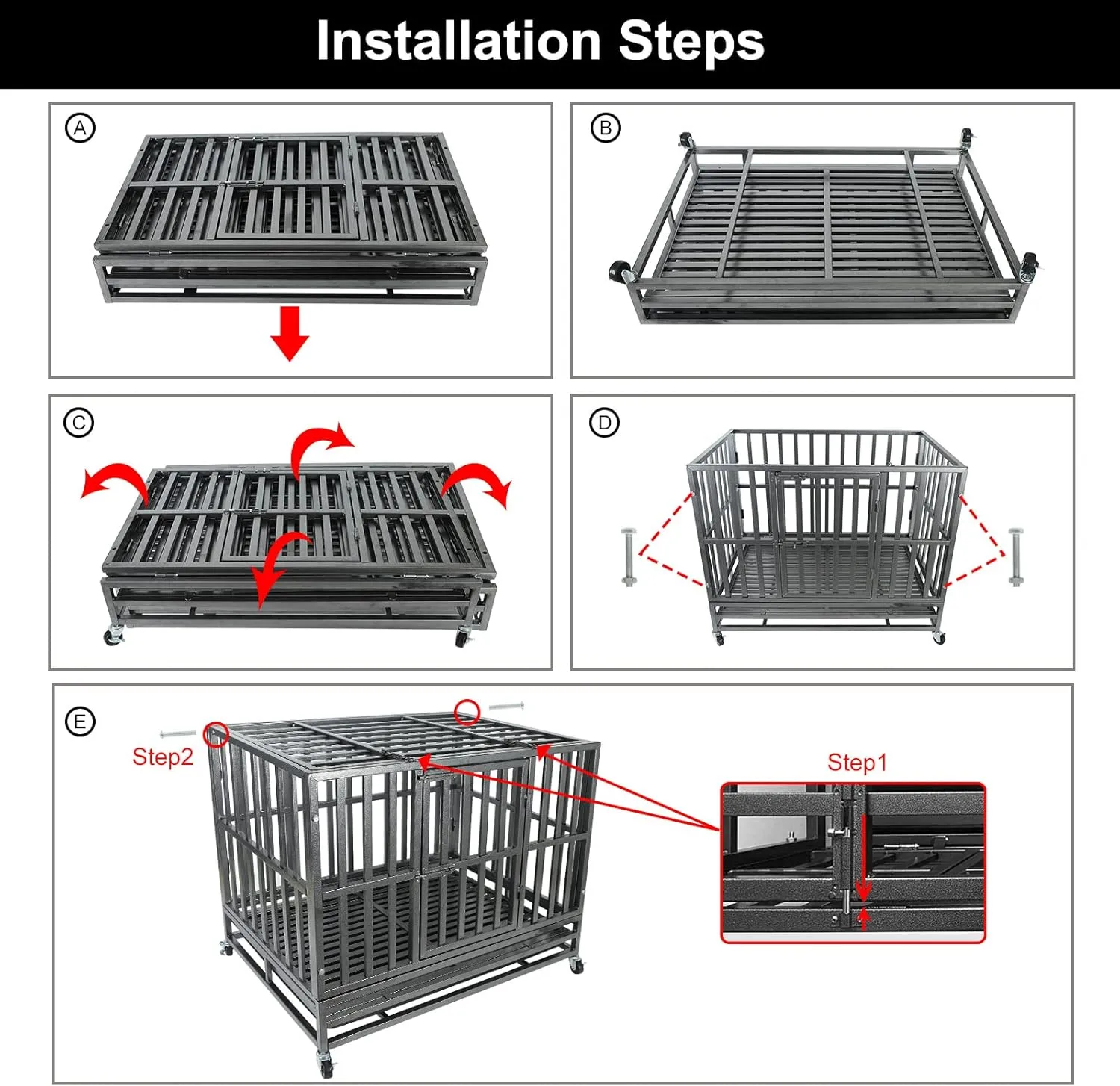 Confote 47Inch Heavy Duty Dog Kennel Strong Metal Dog Cage Pet Crate for Medium and Large Dogs with Four Lockable Wheels, Removeable Tray