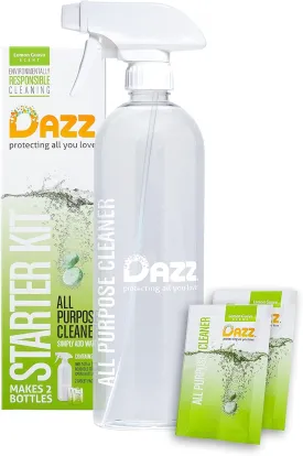 Dazz All Purpose Cleaner Starter Kit (1 Reusable Spray Bottle, 2 Refills) All Natural Multisurface Household Cleaner Spray - Eco Friendly, Non Toxic - Safe for Kids & Pets