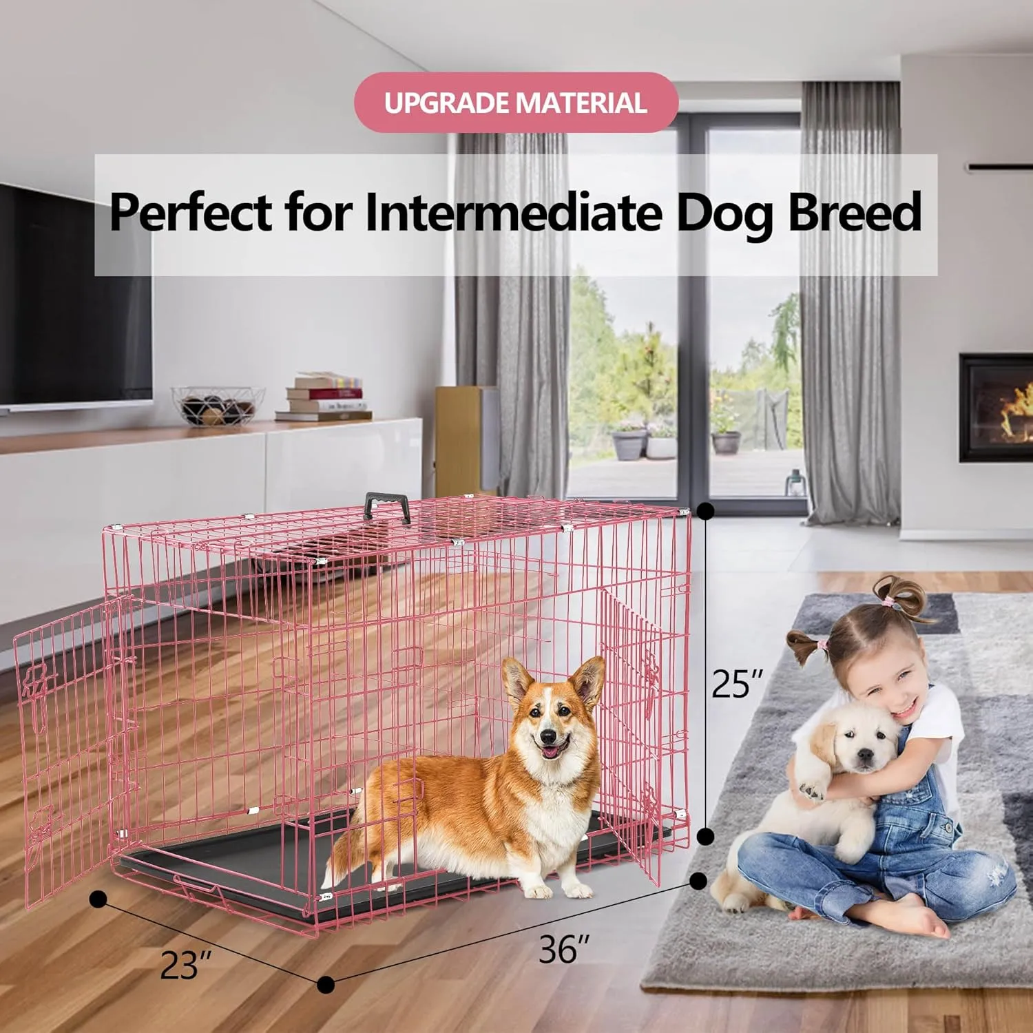 Dog Crate, 24/30/36/42/48 Inch Dog Crates for Small Medium Large Dogs Indoor, Folding Metal Dog Kennel Dog Cage with Double-Door, Divider Panel, Removable Tray, Locks and Handle, (36 Inch, Pink)