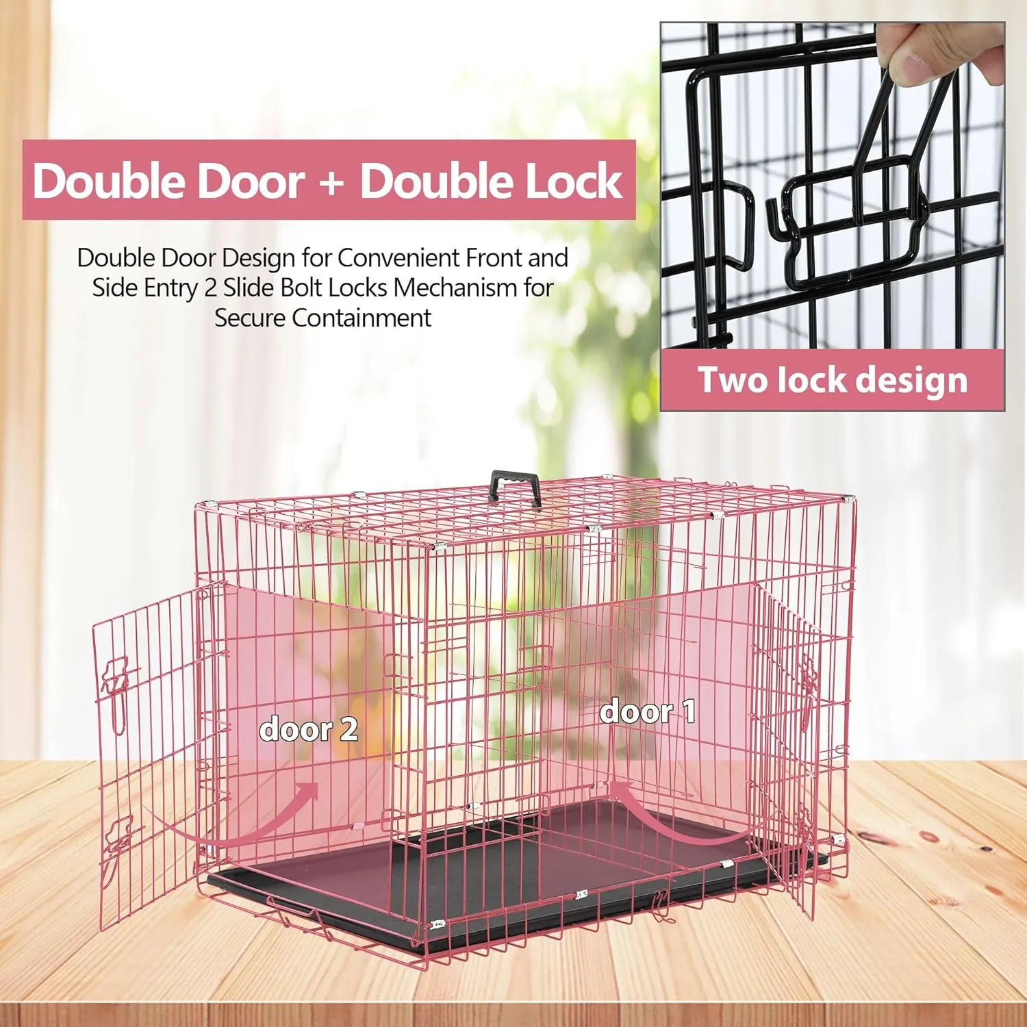 Dog Crate, 24/30/36/42/48 Inch Dog Crates for Small Medium Large Dogs Indoor, Folding Metal Dog Kennel Dog Cage with Double-Door, Divider Panel, Removable Tray, Locks and Handle, (36 Inch, Pink)