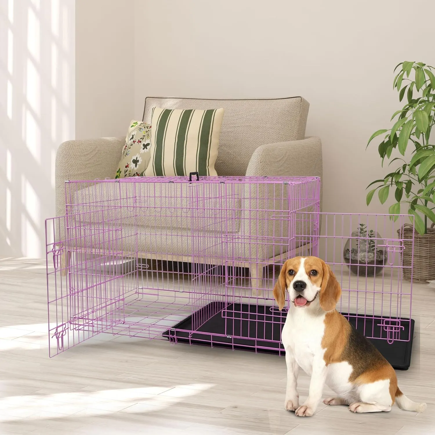 Dog Crate, 24/30/36/42/48 Inch Dog Crates for Small Medium Large Dogs Indoor, Folding Metal Dog Kennel Dog Cage with Double-Door, Divider Panel, Removable Tray, Locks and Handle, (36 Inch, Pink)