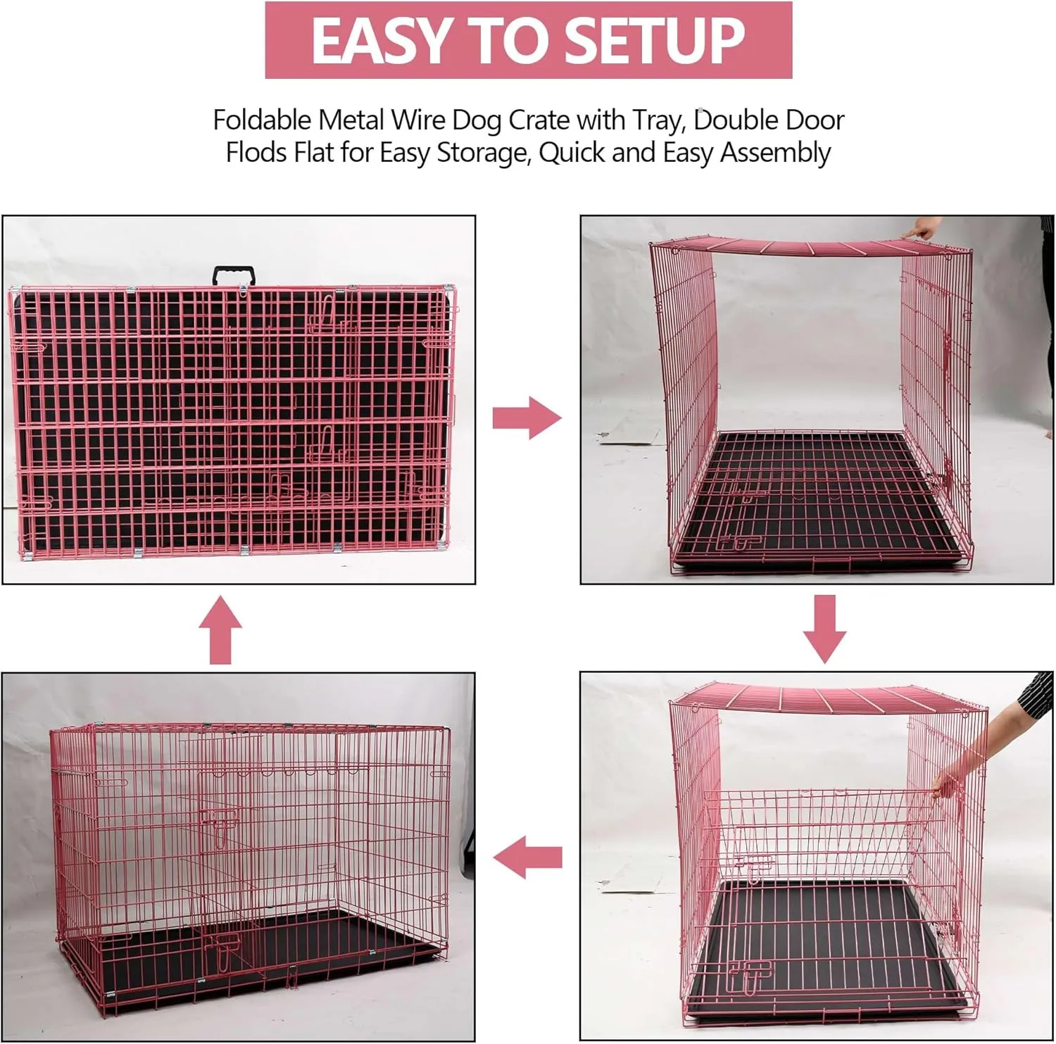 Dog Crate, 24/30/36/42/48 Inch Dog Crates for Small Medium Large Dogs Indoor, Folding Metal Dog Kennel Dog Cage with Double-Door, Divider Panel, Removable Tray, Locks and Handle, (36 Inch, Pink)
