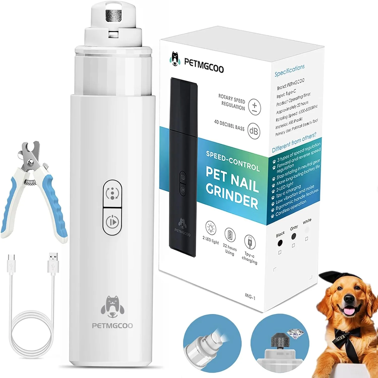 Dog Nail Grinder & Upgrade Professional with 3-Speed Adjustment Super-Quiet and Low-Vibration Pet Nail Trimmers with Forward and Reverse Functions - Safe Pause Button Wireless Type-C Charging (White)