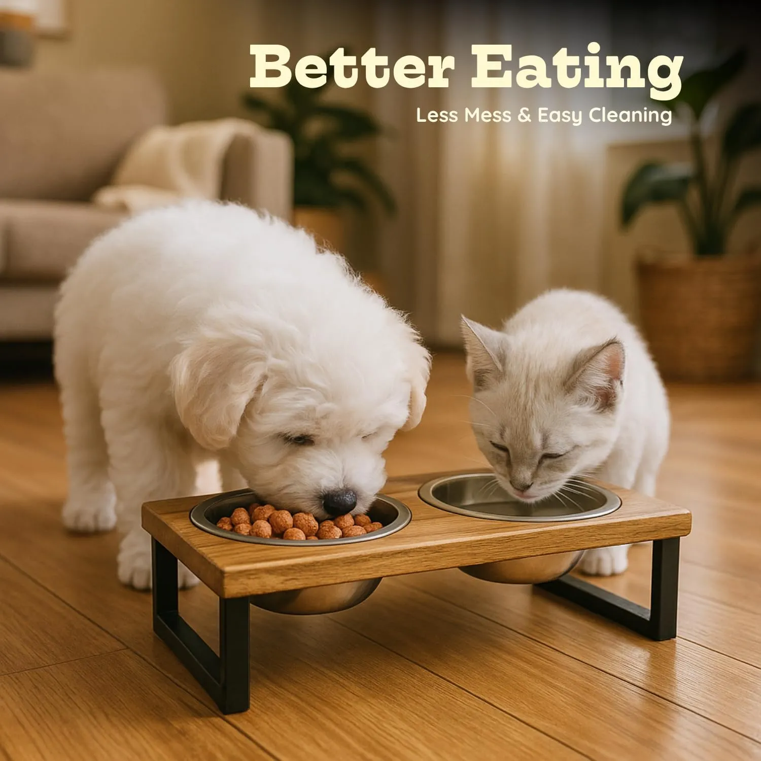 Elevated Mango Wood Puppy Bowl Stand 4 inch Tall - Raised Pet Feeder 2 Stainless Steel 0.5Qt Food water Bowls Dishes|2Cup/0.47L Capacity Nonslip Small Cats & Puppies Feeding Station(16oz)