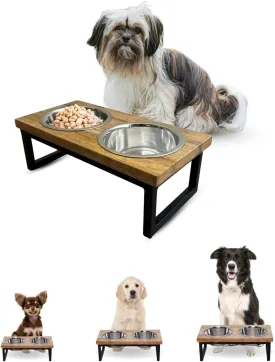 Elevated Mango Wood Puppy Bowl Stand 4 inch Tall - Raised Pet Feeder 2 Stainless Steel 0.5Qt Food water Bowls Dishes|2Cup/0.47L Capacity Nonslip Small Cats & Puppies Feeding Station(16oz)
