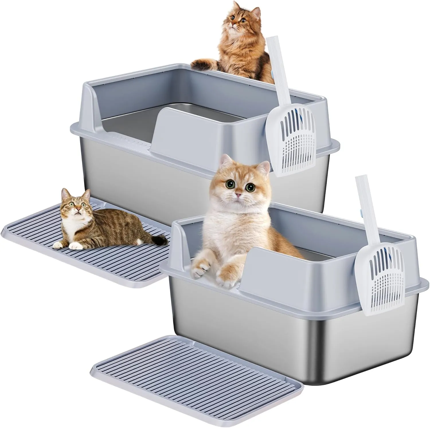 Enclosed Stainless Steel Cat Litter Box Extra Large 9 Inch High Litter Box for Big Cats Open Cat Litter Box with Litter Mat and Scoop Non-Sticky Anti-Leakage (2 Pack), Silver