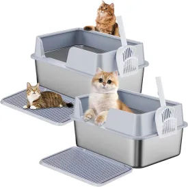 Enclosed Stainless Steel Cat Litter Box Extra Large 9 Inch High Litter Box for Big Cats Open Cat Litter Box with Litter Mat and Scoop Non-Sticky Anti-Leakage (2 Pack), Silver