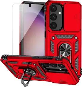 for Samsung Galaxy S25 Case with Camera Lens Cover HD Screen Protector, Dual Layer Military-Grade Drop Tested Magnetic Ring Holder Kickstand Protective Phone Case for Samsung Galaxy S25 (Red)