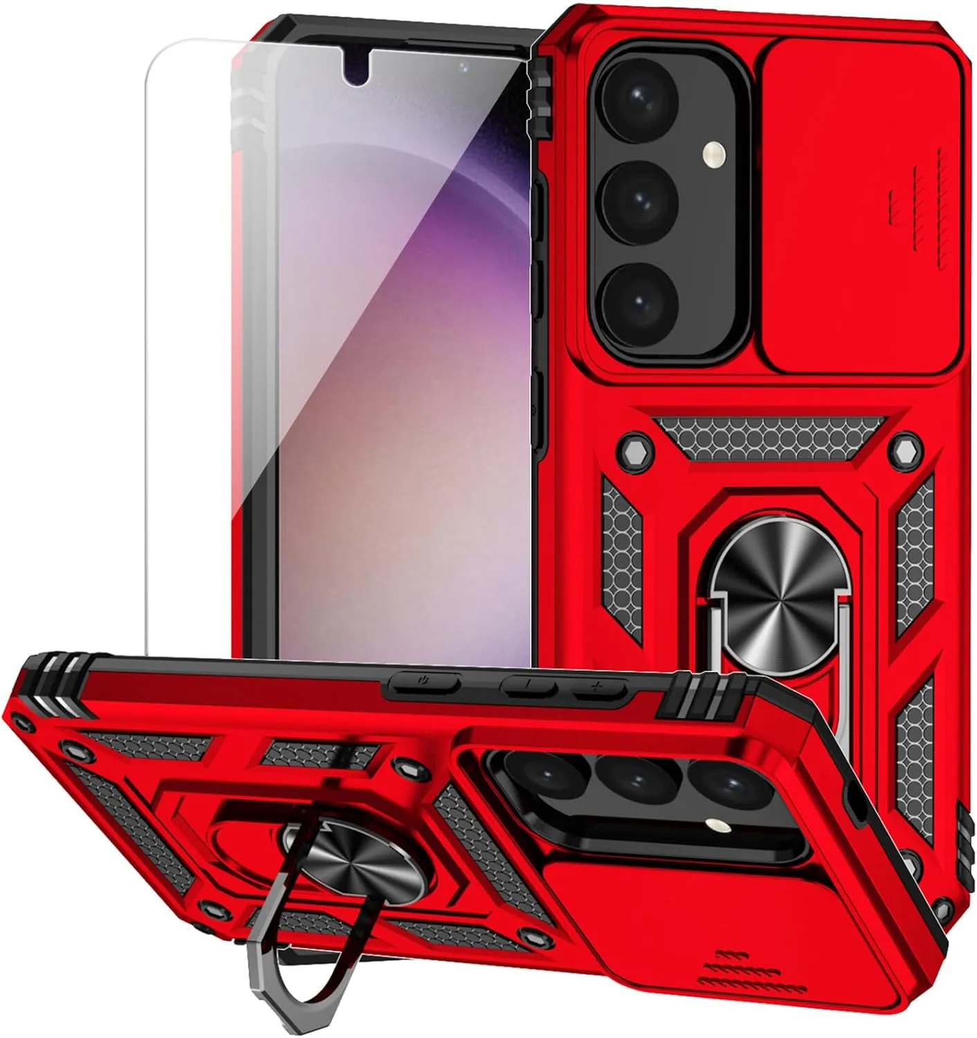for Samsung Galaxy S25 Case with Camera Lens Cover HD Screen Protector, Dual Layer Military-Grade Drop Tested Magnetic Ring Holder Kickstand Protective Phone Case for Samsung Galaxy S25 (Red)