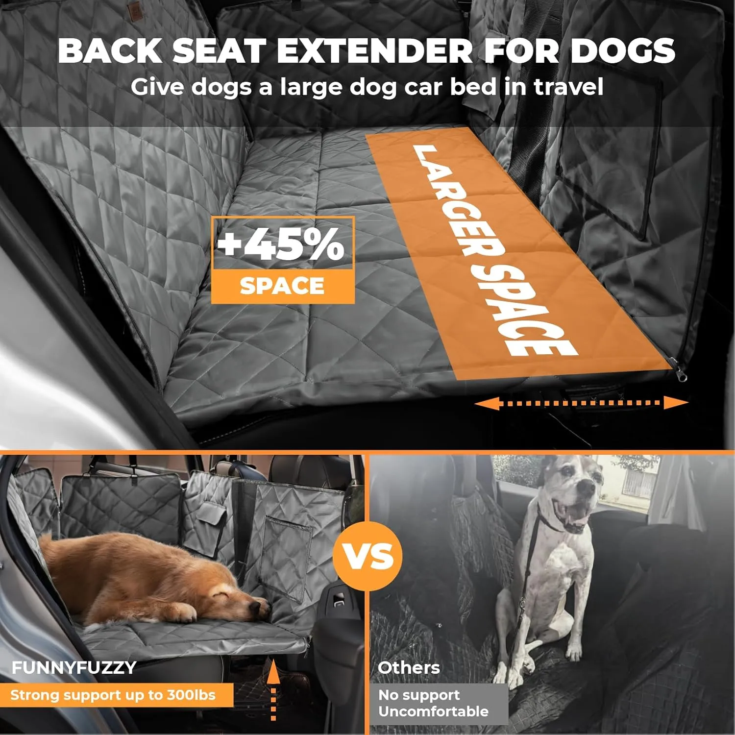 FUNNYFUZZY back seat extender for dogs, Extra-Large Hard Bottom Dog Car Seat Cover for Back Seat, 100% Waterproof Backseat Extender for Dogs, Dog Hammock for Car Dog Car Bed for Car, SUV, Truck, Grey